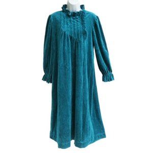 Vintage Blue Maxi Velour Robe Housecoat Asym Pintuck Ruffle Front Zip USA Large